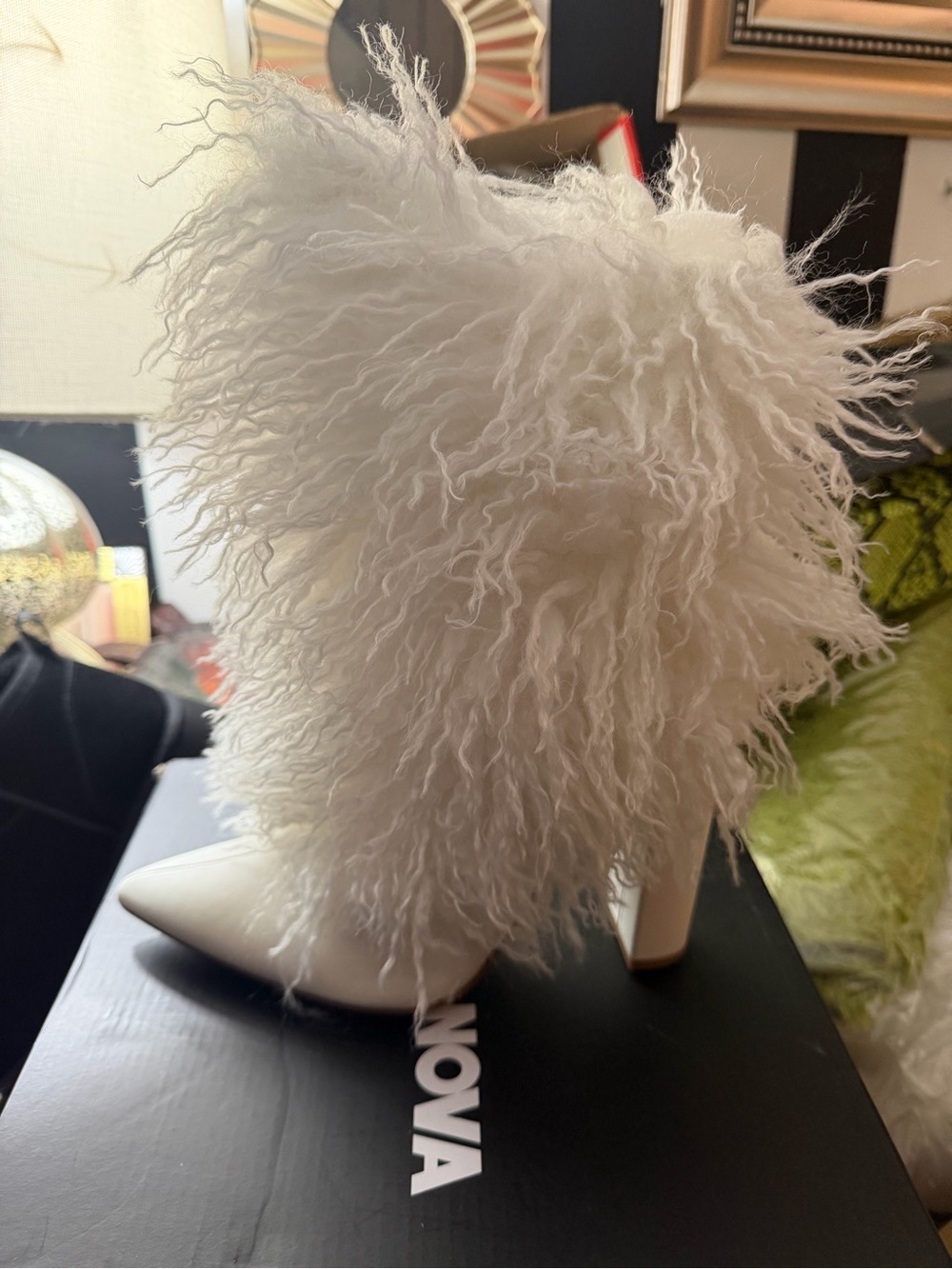 Fashion Nova White Feathered Block Heel Ankle Boots